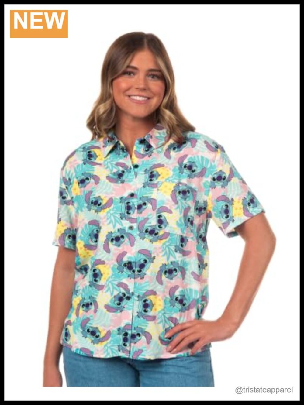 Stitch Tropical Pineapple Button Up Woven Top Women's Short Sleeve Shirt